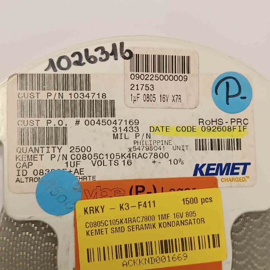 C0805C105K4RAC7800 1MF 16V 805 KEMET SMD SERAMİK KONDANSATÖR resmi