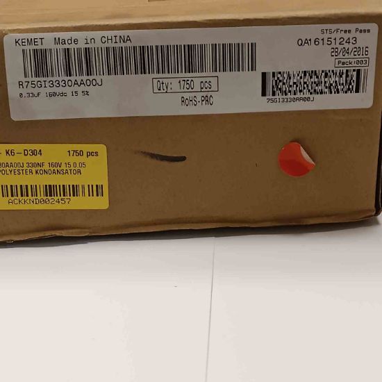 R75GI3330AA00J 330NF 160V 15 0.05 KEMET POLYESTER KONDANSATÖR resmi