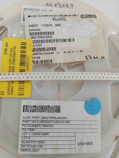 VJ0603A270JXACW1BC 27PF 50V 603 VISHAY SMD SERAMİK KONDANSATÖR resmi
