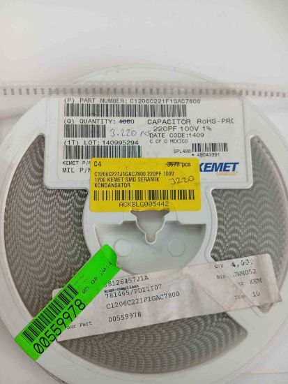 C1206C221J1GAC7800 220PF 100V 1206 KEMET SMD SERAMİK KONDANSATÖR resmi