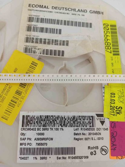 CRCW0402BC39R0TK100 39R 402 VISHAY SMD DİRENÇ resmi